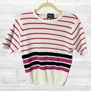 Vintage Premium Chic Southern Lady Pink Navy Striped Summer Knit Top, Medium
